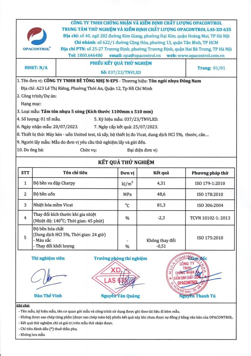 Thông số kỹ thuật ngói nhựa - 2